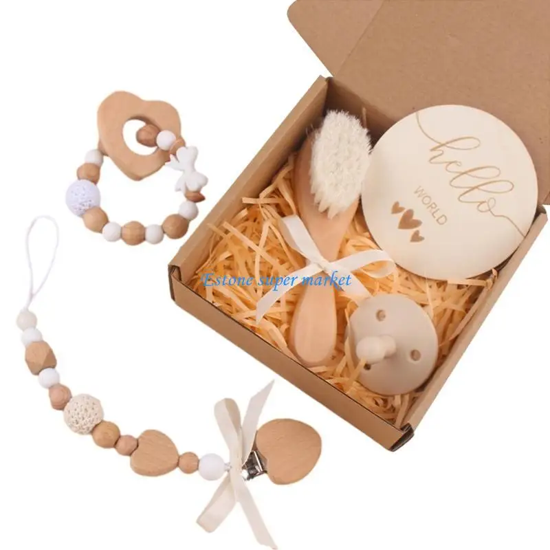 

090B 5pcs Infant Teether & Pacifier Holder Set Teething Pacifier Holder Set Included World Card Nipple Brush for Boys Girls