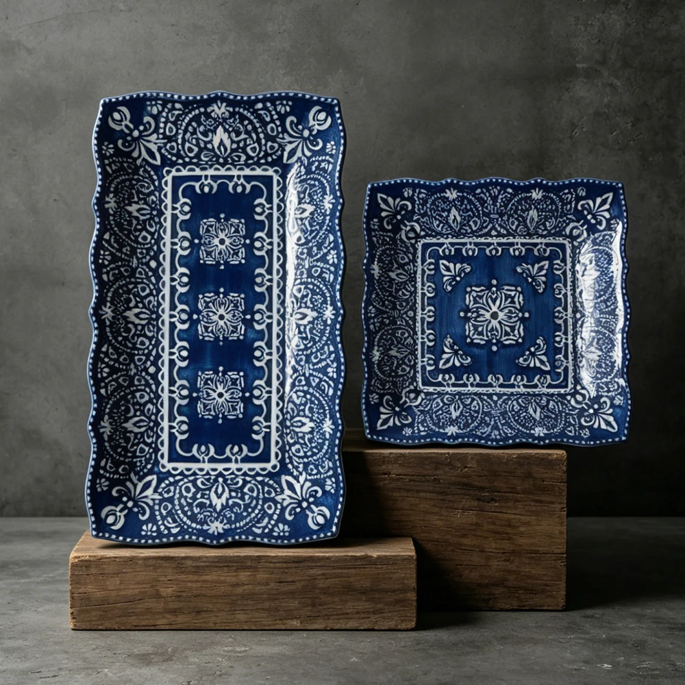 Vintage Blue and White Ceramic Serving Platter Moroccan Style Wavy Edge Rectangle Square Plate Creative Sushi Snack Dishes