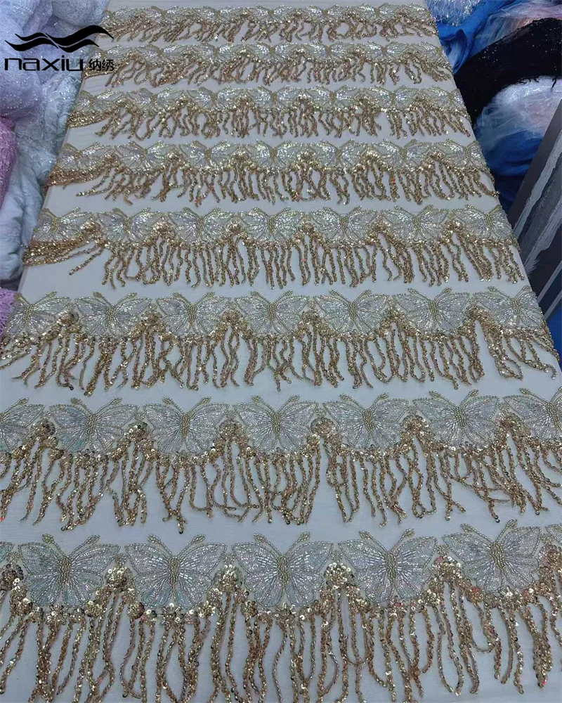 

Madison Luxury African Handmade Beaded Lace Fabric French Nigerian Sequins Lace Fabric for Bridal Wedding Dress Sewing