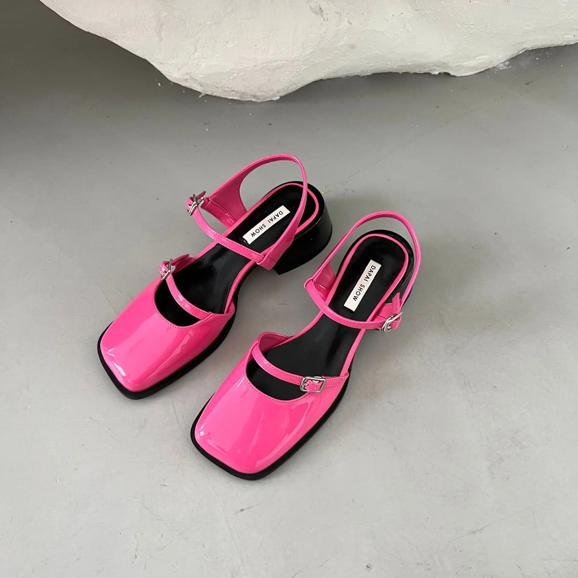 Vintage Square Toe Summer Sandals Women Thick High Heels Shoes Ladies Mary Janes Pumps Luxury Designer Female Slingbacks 35-39