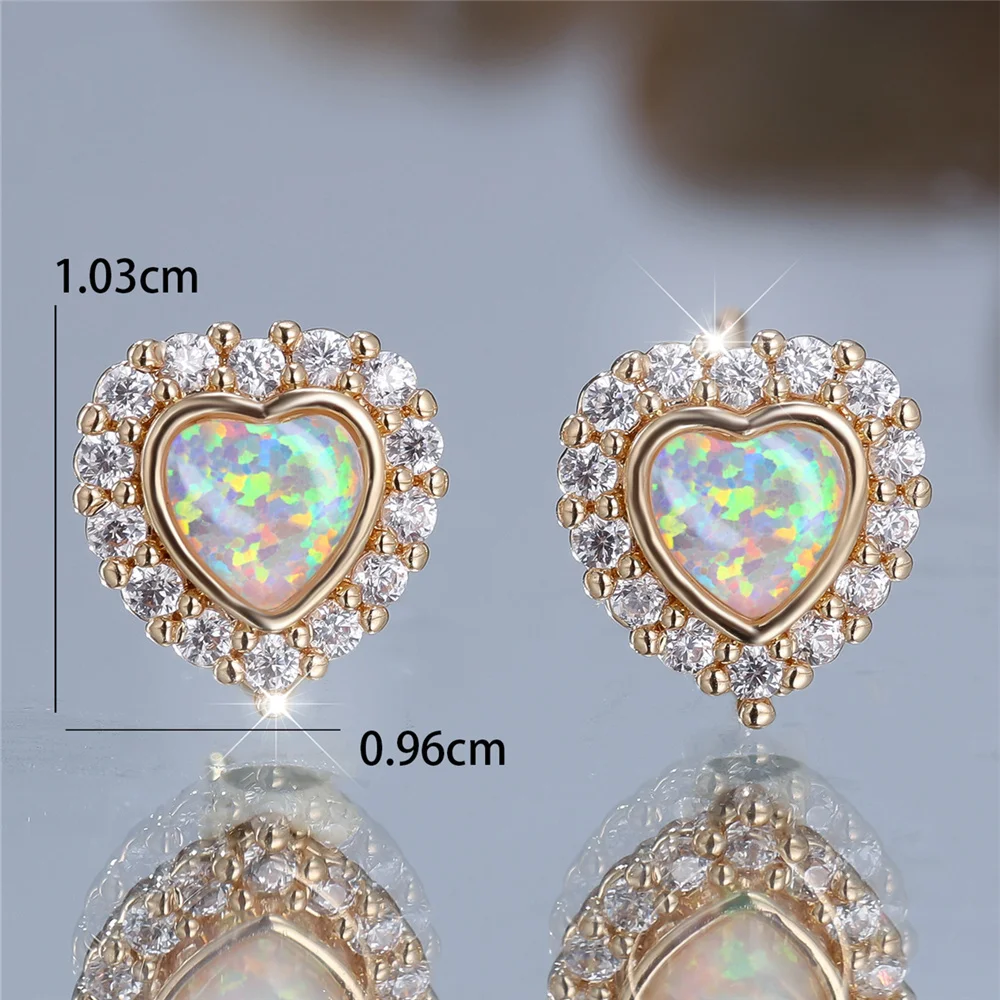 Cute Female White Fire Opal Stone Heart Stud Earrings Gold Color White Zircon Wedding Jewelry For Women