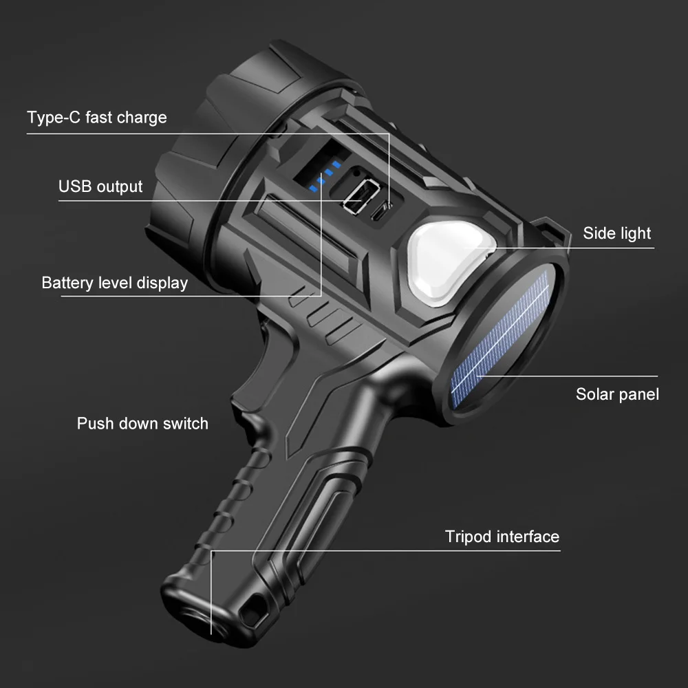 Solar LED Flashlight High Power Searchlight Spotlight Outdoor Work Light Emergency Lamp USB Rechargeable Camping Fishing Lamp