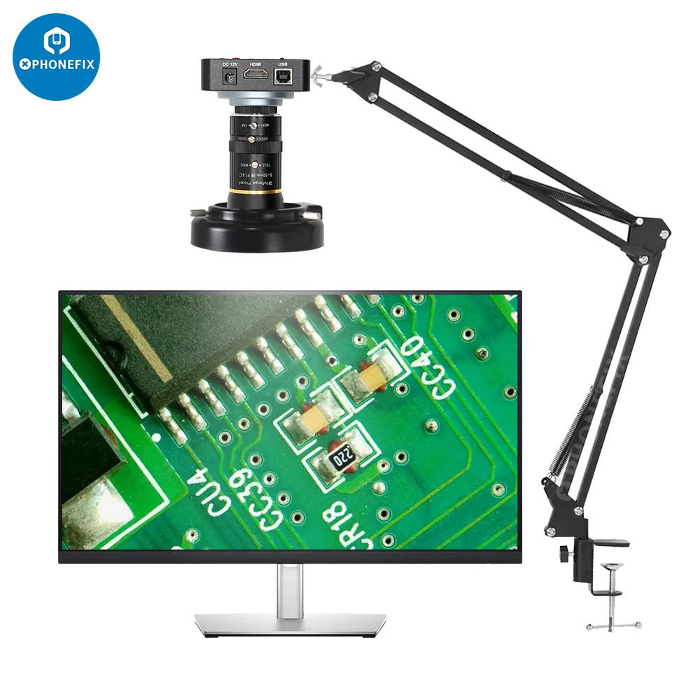 

38MP Digital Electronic Video Microscope USB HDMI-compatible Camera + 8.0-50mm F1.4 CCTV Lens LED Circular Lamp Cantilever Stand