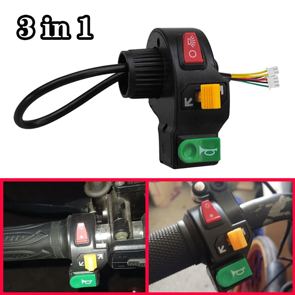 3 in1 Motorcycle Switch Electric Bike Scooter ATV Quad Light Turn Signal Horn ON/OFF Button for 22mm Dia Handlebars Motorbike