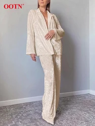 OOTN Beige Velvet 2 Piece Home Wear Winter Long Sleeve Tops High Waist Pants Pajamas Two Piece Set Women 2024 Nighties Sleepwear