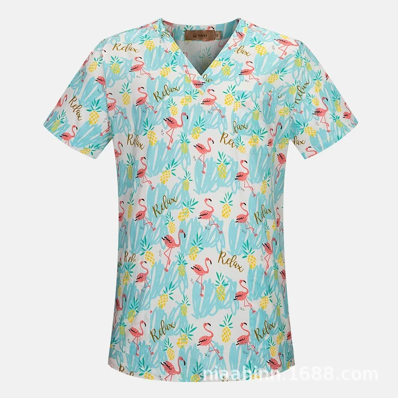 Print Scrubs Tops Uniformes Médicos Mulheres Slim Fit Tops Cirúrgicos Médicos Clínica Odontológica Salão De Beleza Pet Shop Workwear Casaco De Laboratório