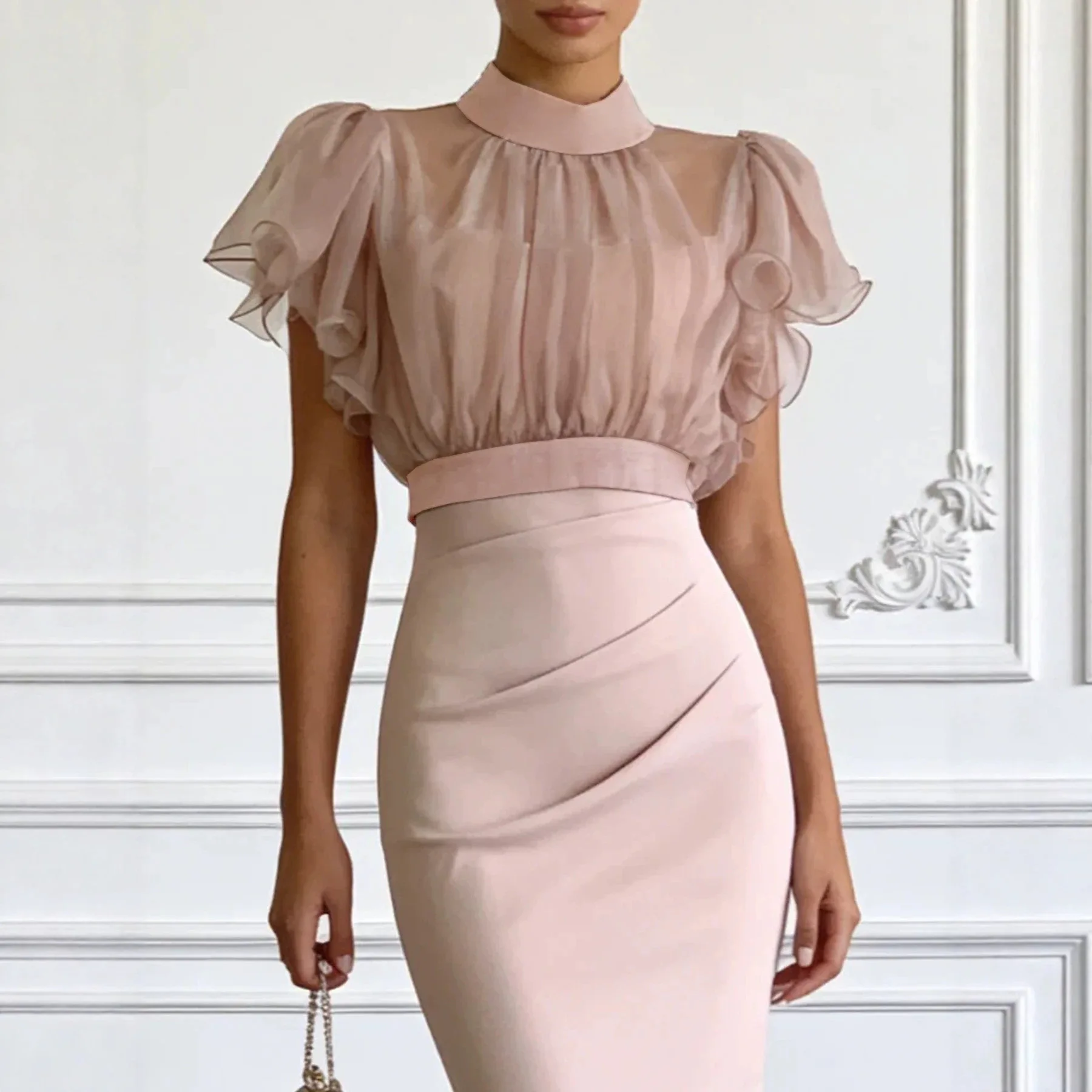 Women High Neck Sheer Mesh Ruffle Sleeve Midi Dress Pleated Detail Waist Bodycon Dress For Evening Social And Party Gatherings