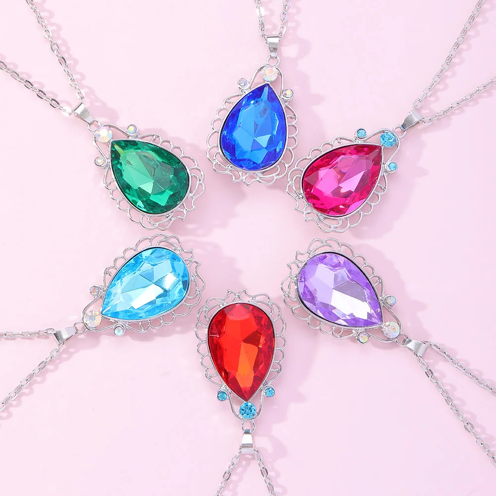 Cheapest 6 Colors Water Drop Lace Pendant Necklace Red Blue Green Purple Pink Crystal Chain Choker For Women Girls Party Gift