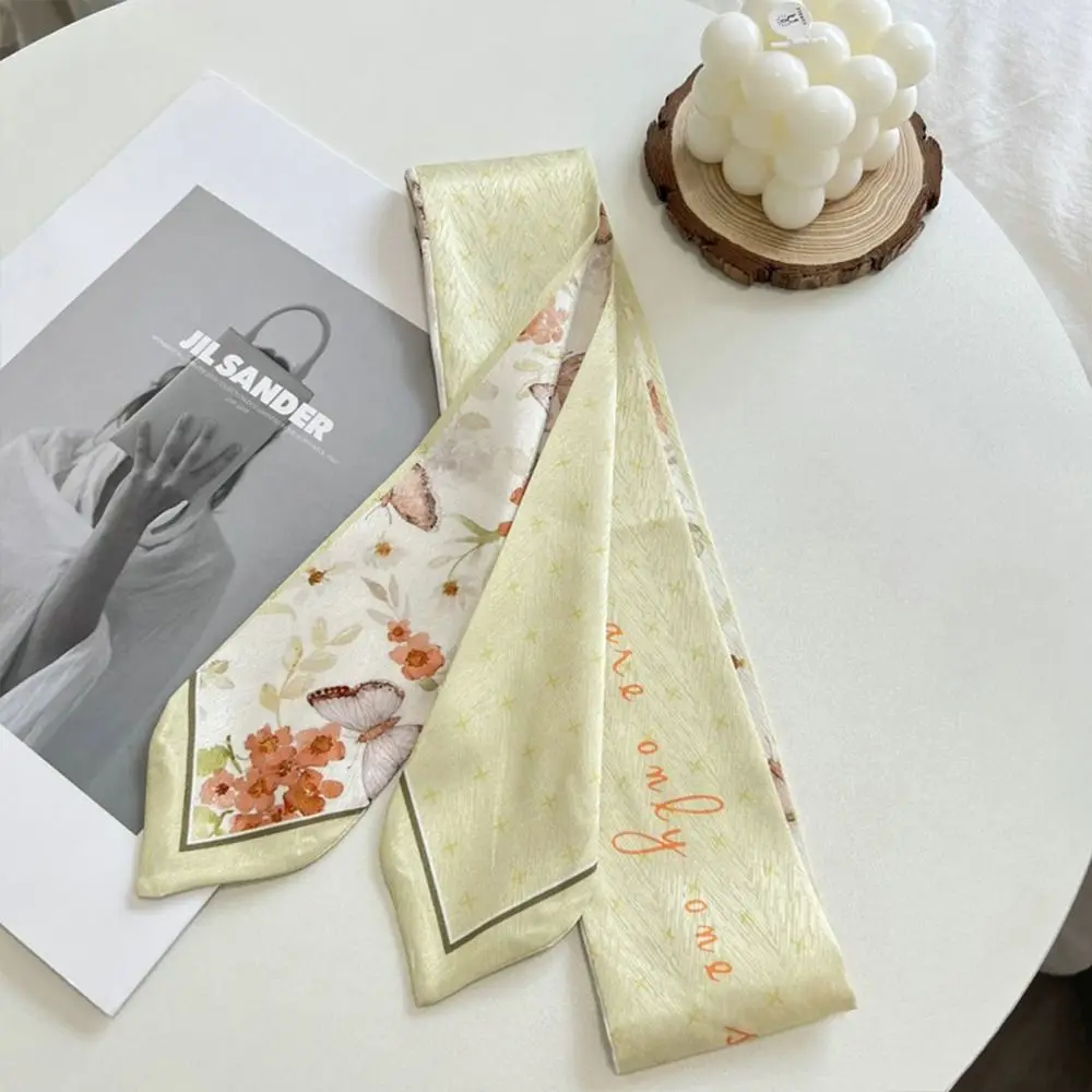 Summer Versatile Satin Silk Ribbon Scarf Fresh Floral Long Thin Hair Tie Narrow Fashion Accessory for Women