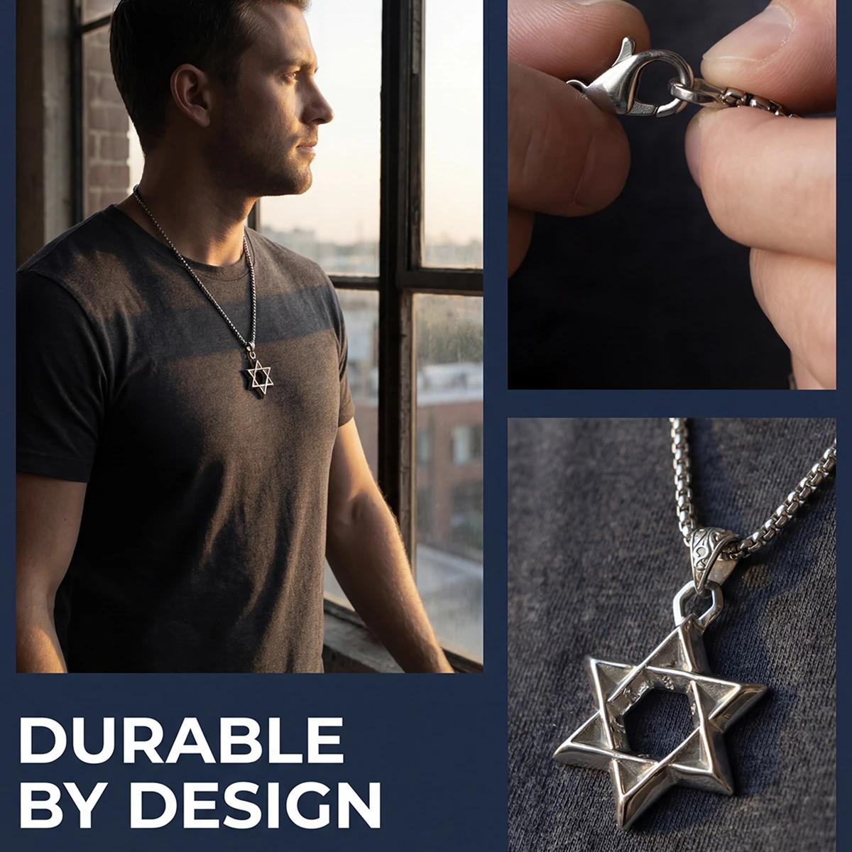 

Silvery Hollow Hexagram Pendant Necklace Stainless Steel Retro Religious Jewelry Gift For Men