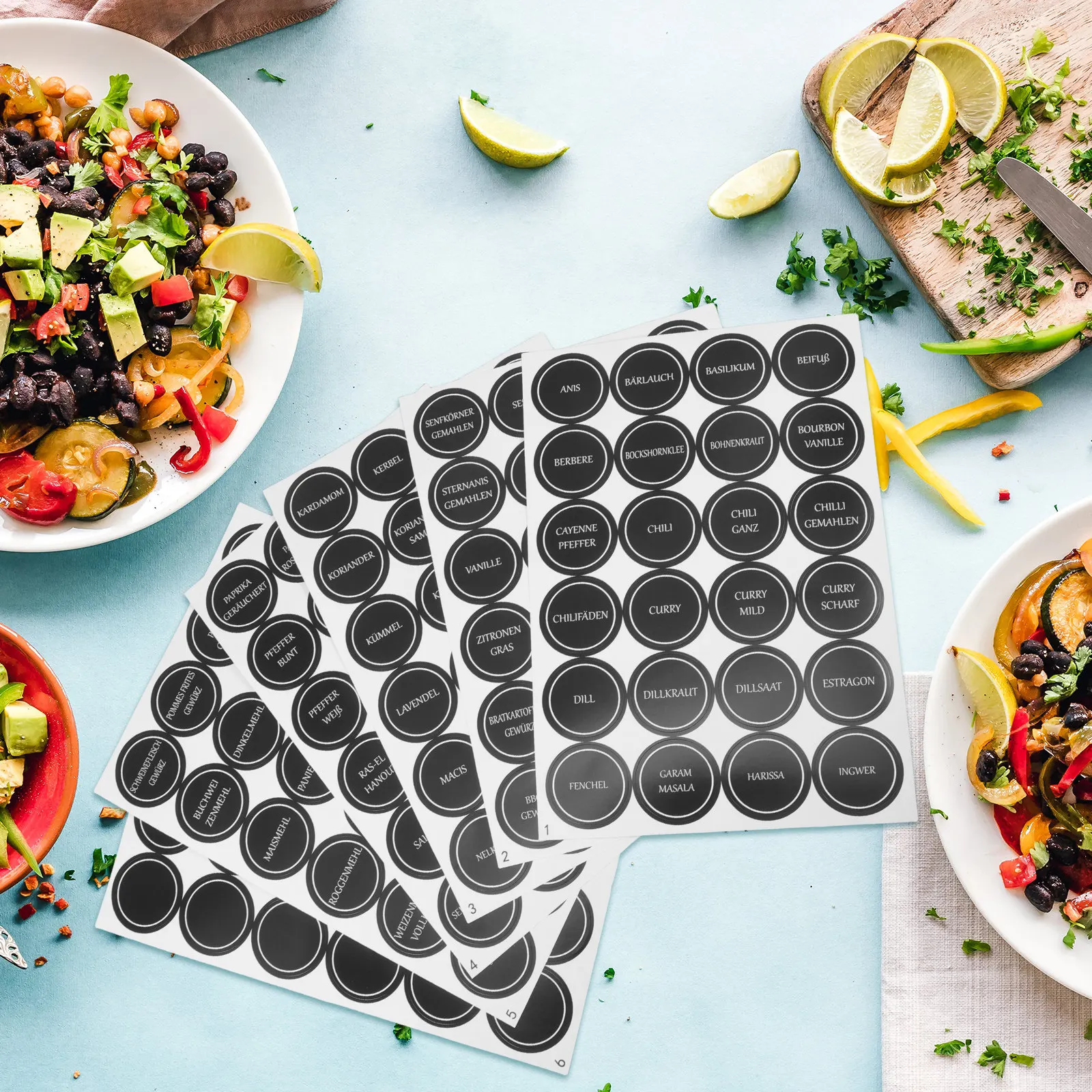 

6 листов круглых этикеток для специй на немецком языке, прозрачные, хорошо читаемые кухонные наклейки для банок, бутылок, контейнеров для консервации, органайзер для кладовой