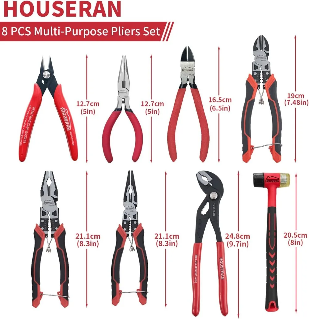 8-Piece Tool Set with Case Including 10” Groove Joint Pliers, 8.3” Long Nose, 8.3” Linesman, 7.5” Diagonal, 6” Flush Cutter