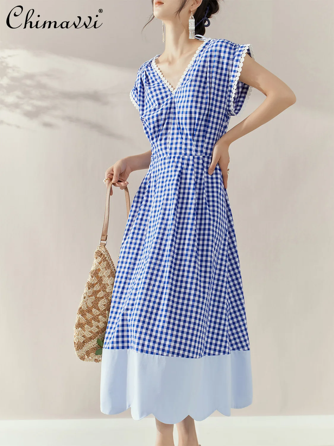 

French Elegant Retro Casual Summer Dresses Lace Splicing V-Neck Sleeveless High Waist Slim A-line Blue Plaid Long Dress Women