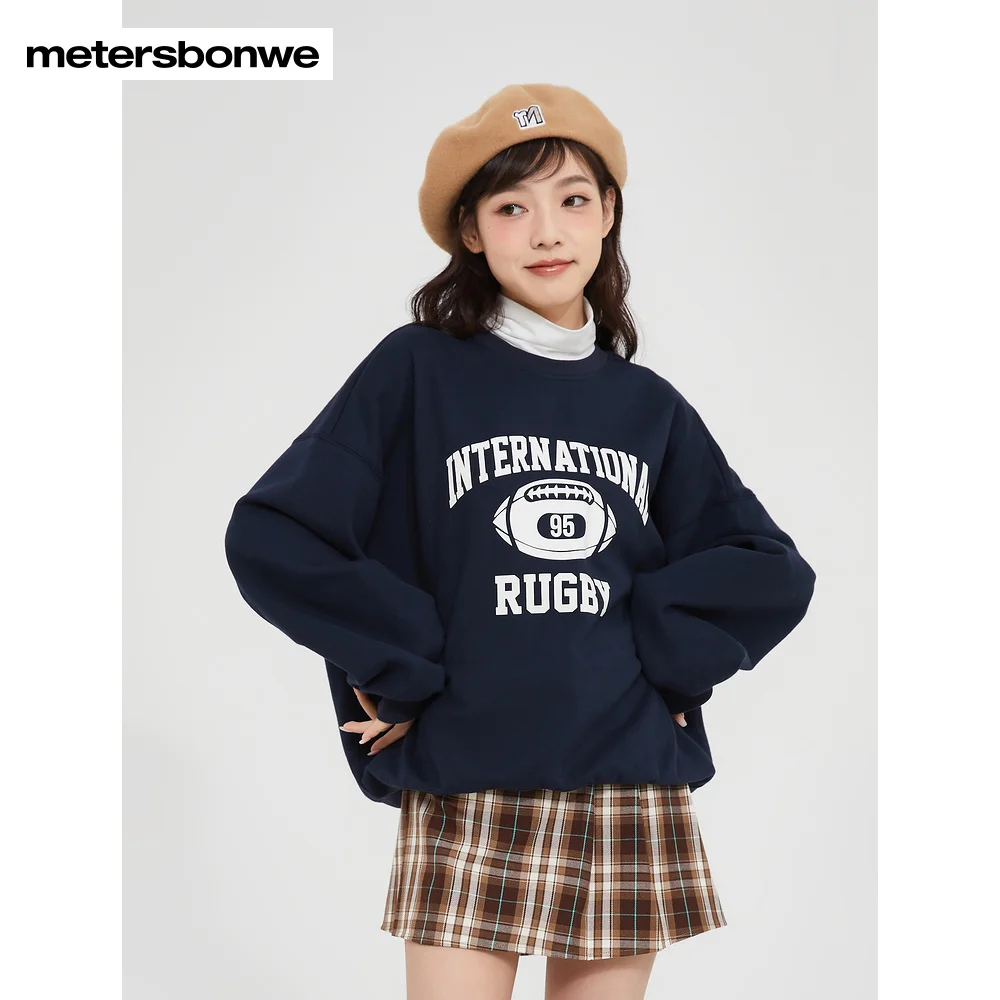 Metersbonwe-Dames College Printing Fleece Pullover Kraag Splitsen Zacht Hoog Elastisch Hoge Kraag Nep Twee Stukken Winter