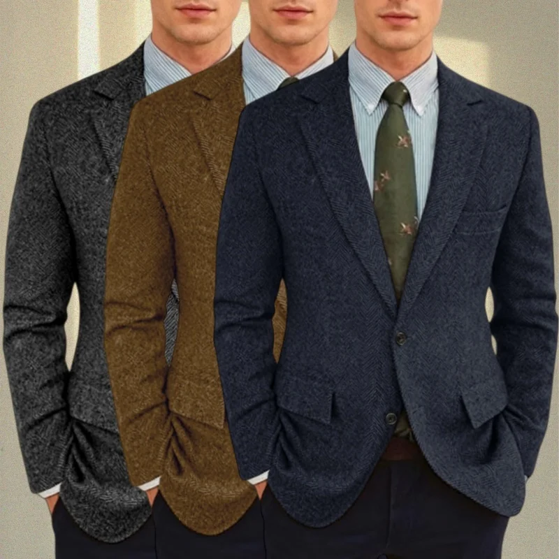 

Tweed Men's Suit Jacket Herringbone Pattern Retro Single-Breasted Elegant Business Suit for Men, Suitable for Parties Weddings