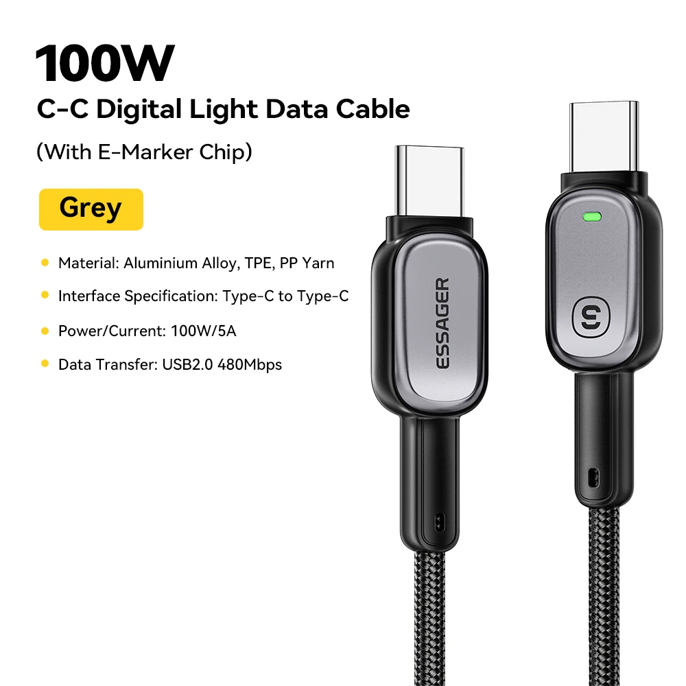 Essager 100W Typ-C-zu-Typ-C-Kabel für iPhone 16 15 Xiaomi Samsung Huawei PD Schnellladung für Macbook Tablet Laptop LED-Kabel