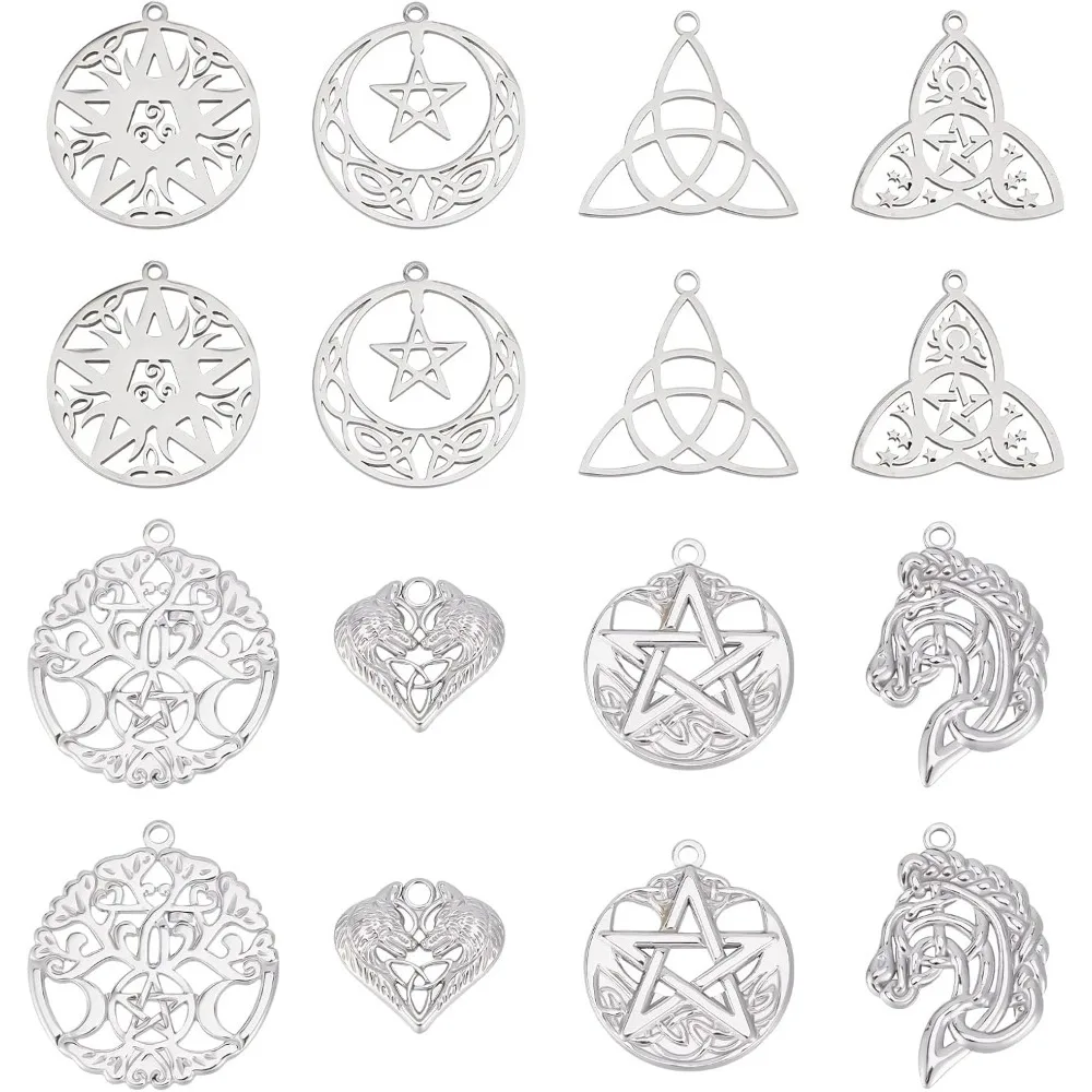 1 Box 16Pcs Knot Charms Trinity Stainless Steel Knot Charm Irish Celtic Knots Heart Charms Tree of Life Angel Wings Charm Horse