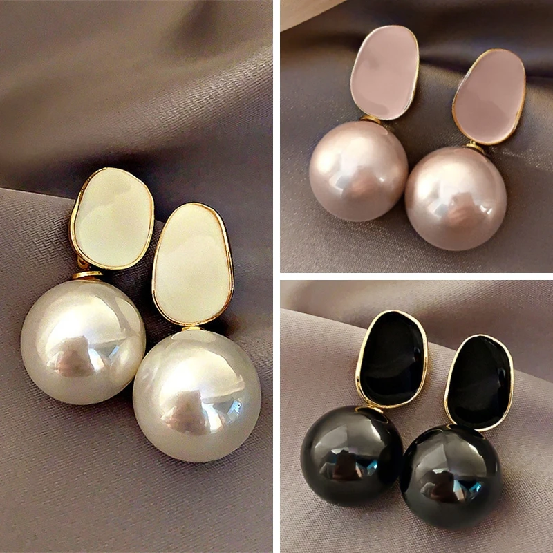 Pink White Pearl Dangle Earrings for Women Black Geometric Acrylic Round Ball Pendants Famale Drop Earrings Elegant Ear Jewelry