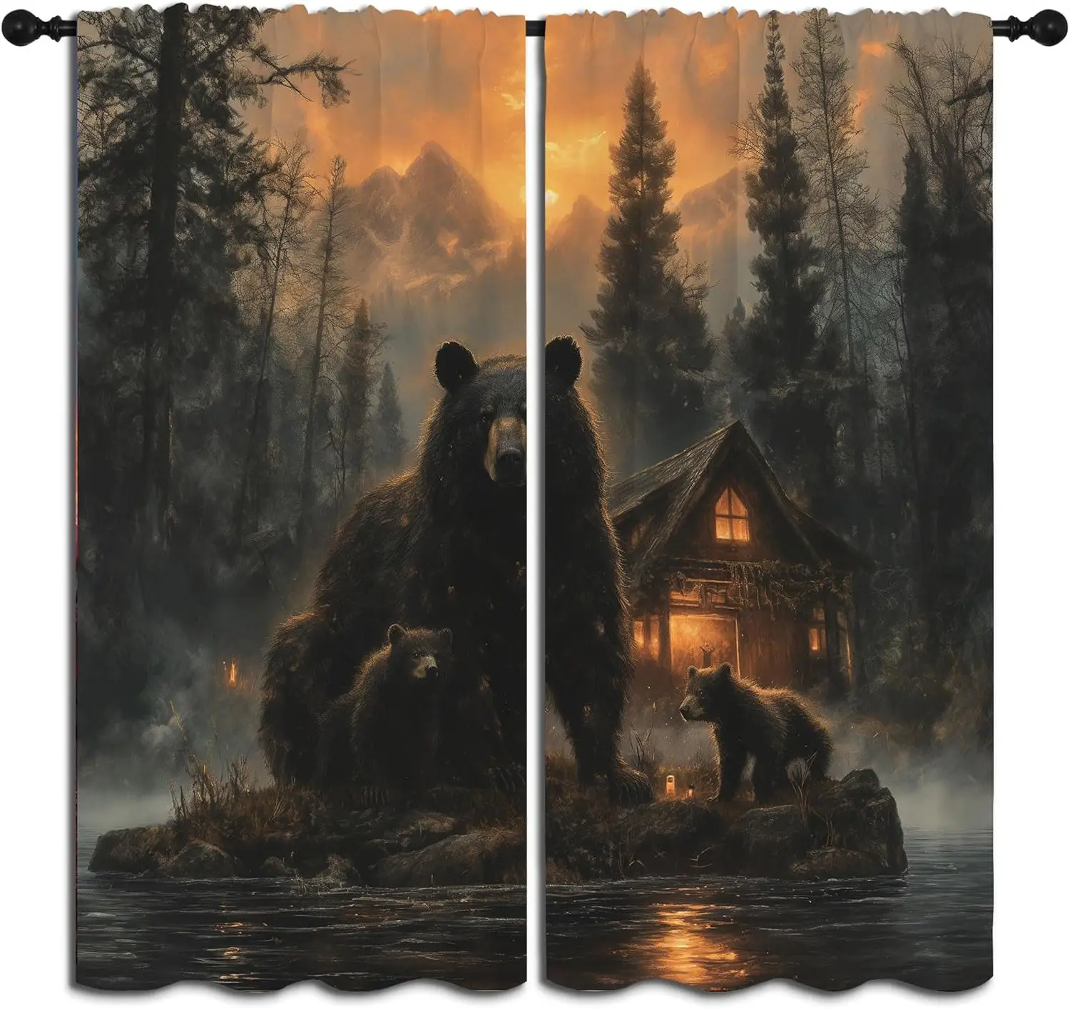 Decorative Polyester Curtain Tapestry Woodland Bears Family Forest Cabin Scene Rustic Wilderness Wall Hanging Home Decor Living