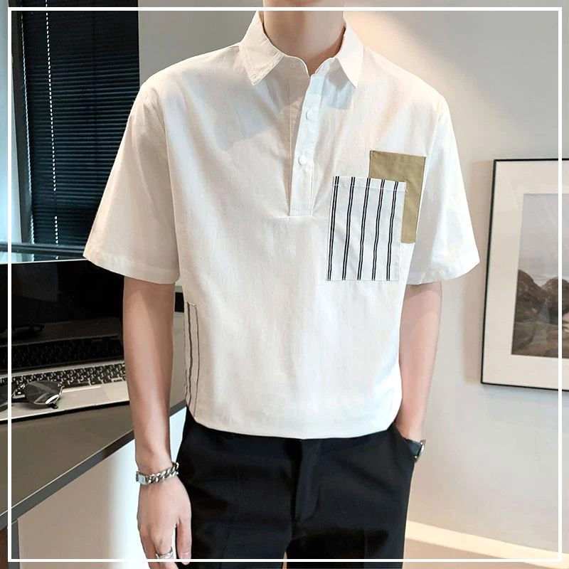 

2024 New Summer Korean Fashion Niche Lapel Patchwork Striped Pocket Loose Casual Simple Short Sleeved POLO Shirt for Men