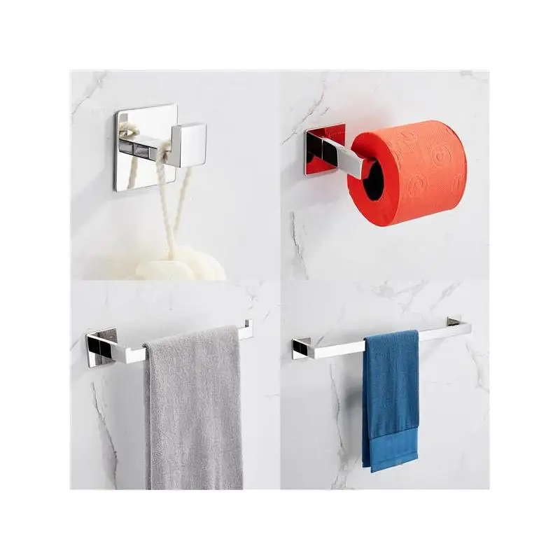 

Strong Viscosity Adhesive 4-Piece Bathroom Accessories Set No Drill Silver Brushed Towel Bar Holder Rack Robe Hook Tissue
