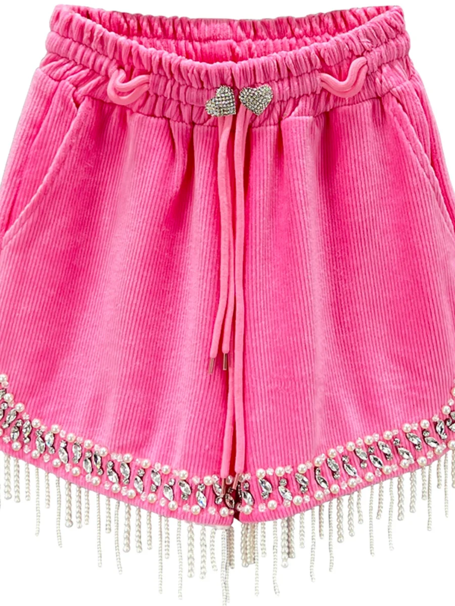 Tassel Exquisite Rhinestone Sweet Pink Corduroy for Women 2023 New Winter High Waist Slimming Boot Pants Wide Leg Shorts