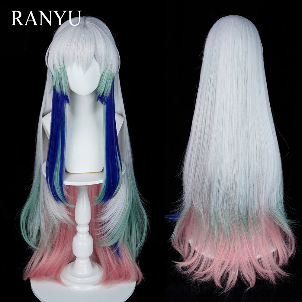 

White Ombre Pink Green Blue Highlights Synthetic Wigs with Bangs Anime Game Cosplay Fluffy Wig for Daily Party