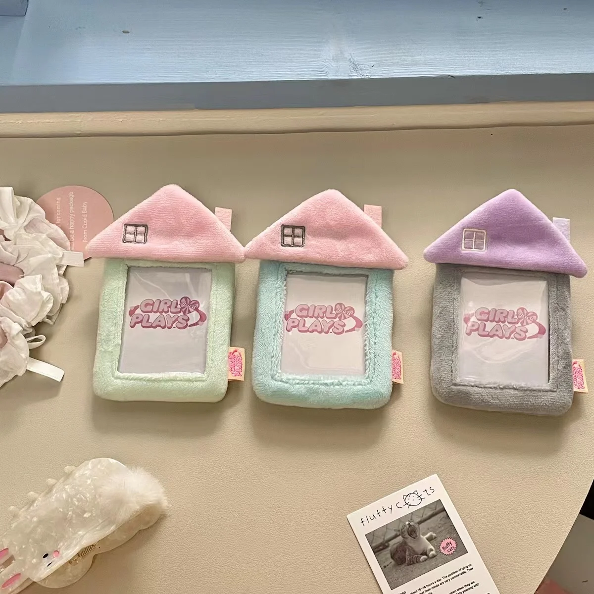 Kawaii Original House Shape Plush 3 inch Kpop Photocard Holder Idol Photo Card Soft Holder Bag Storage pendant School Stationery