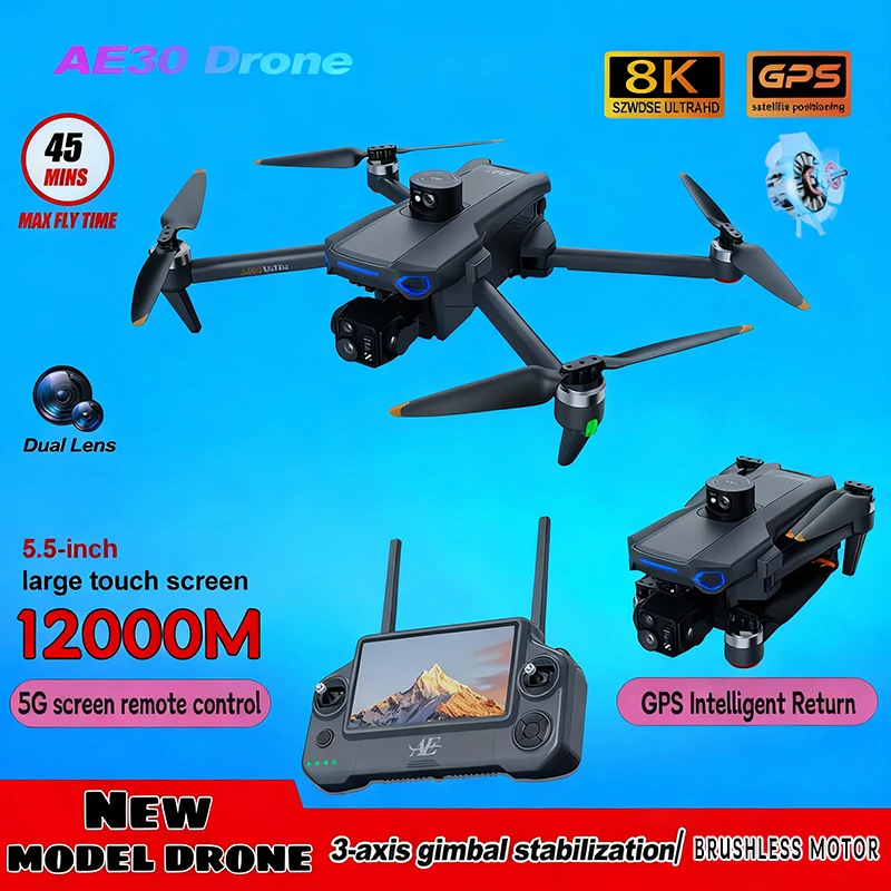 طائرة بدون طيار AE30 Ultra GPS 4K كاميرا احترافية عالية الدقة 3 محاور Gimbal Brushles Airdrop RC Quadcopter 5.5 بوصة للتحكم في الشاشة طائرات بدون طيار لصيد الأسماك #6