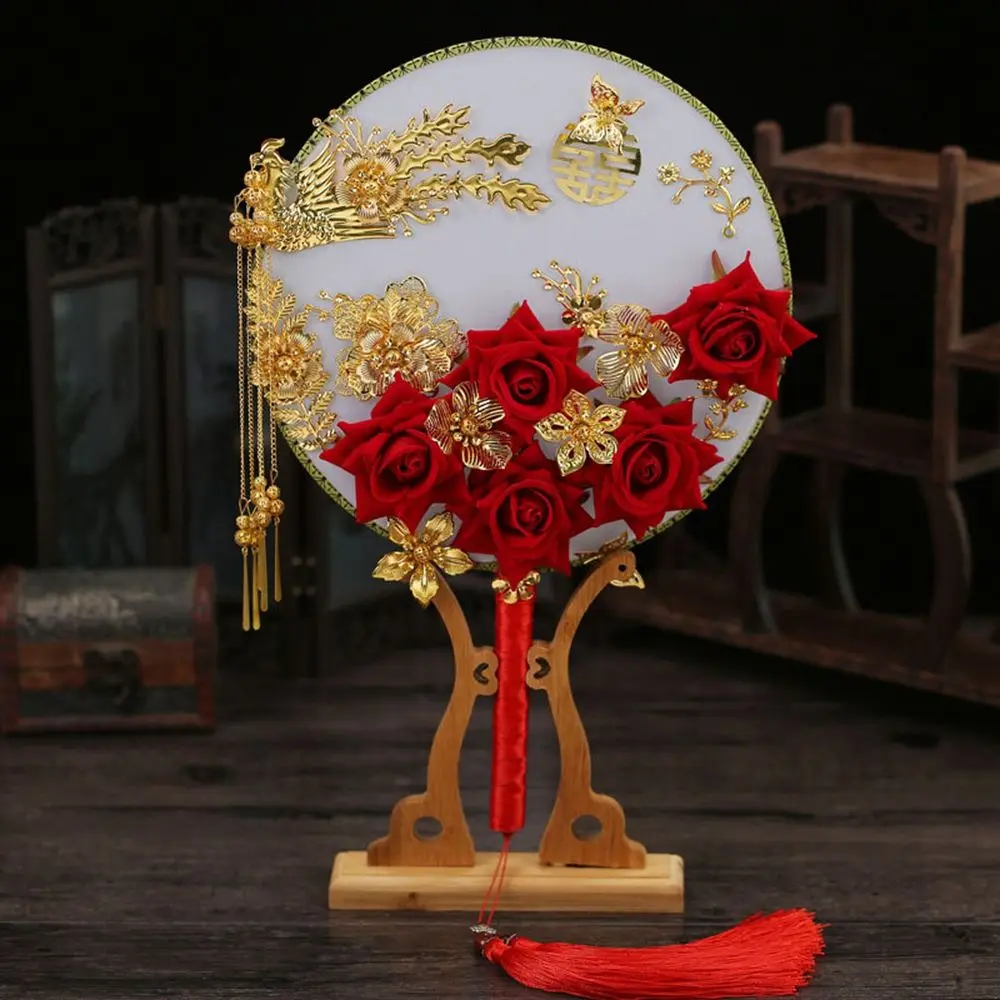 Handmade For Bride Gold Red Bridesmaid Vintage Decoration Prop Wedding Decorative Decor Craft Photography Ornaments Fan Bouquet