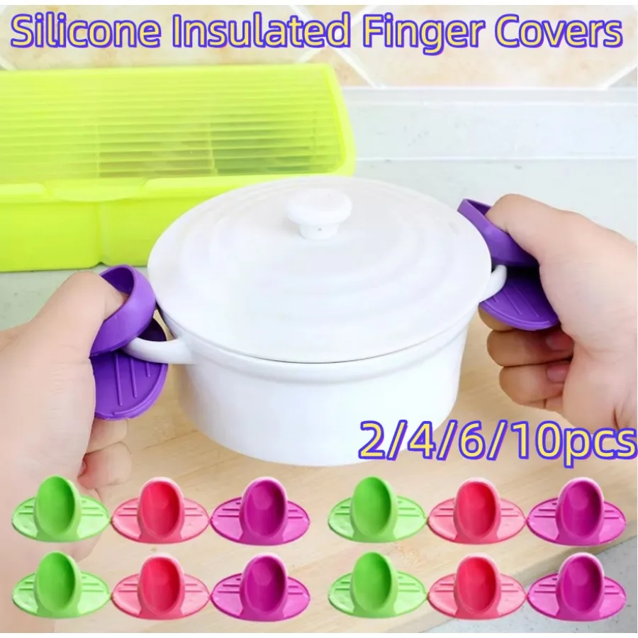 2-10pcs Silicone Insulated Finger Covers Heat Resistant Pot Holders Thickened Oven Microwave Insulated Gloves Mat Kitchen Tools