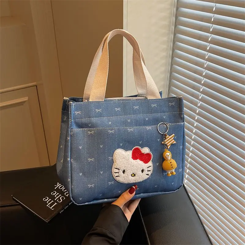 

Sanrio New Style Handbag Hello Kitty Simple Lunch Box Bag Denim Blue Large Capacity Versatile Office Worker Going Out Bento Bag