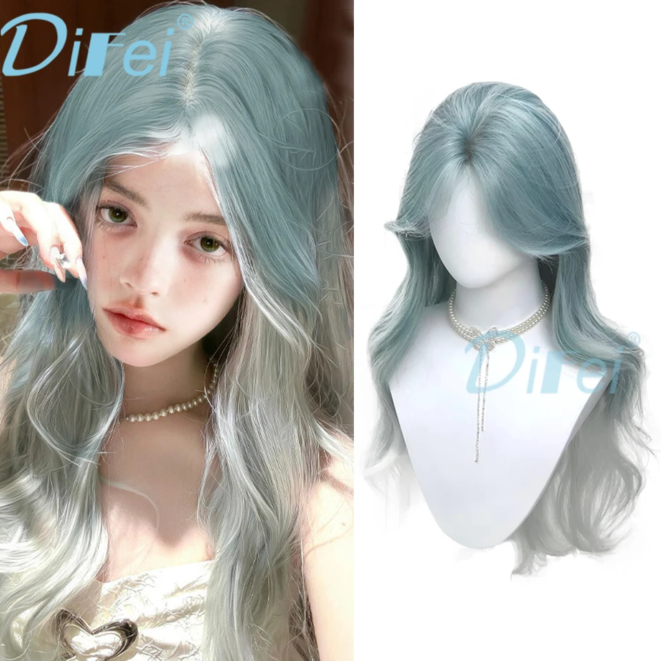 Mint Blue Gradient Curly synthetic Wig Female Lolita Elegant Daily Fresh Fluffy Mint Blue Gradient Eight Bangs Long Curly Wig