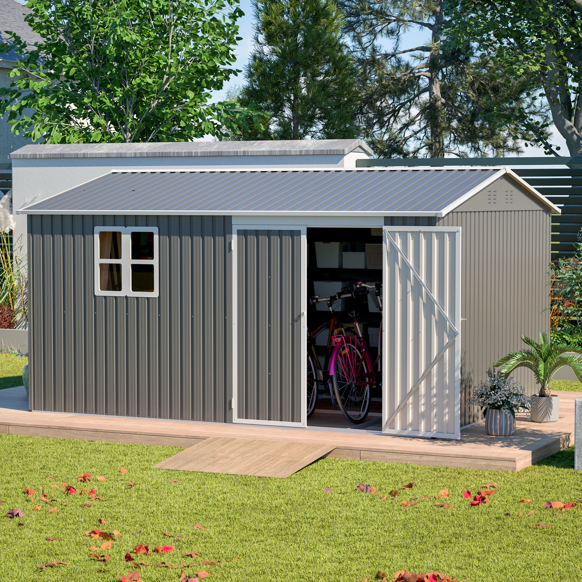 Caseta de Almacenamiento Exterior de Metal Gris, Edificio de Acero Impermeable con Cerradura para Herramientas y Equipos de Jardín para Patio Trasero