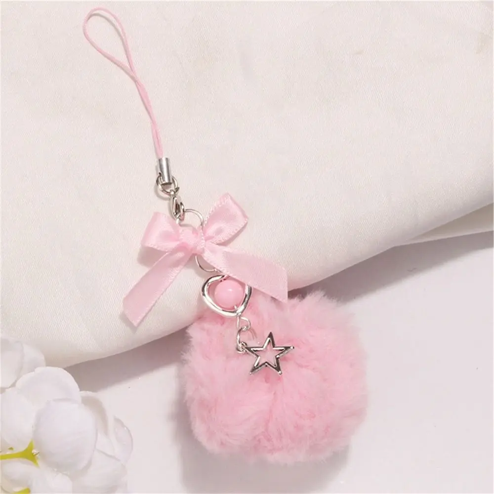 

Ribbon Bow Mobile Phone Lanyard Bag Pendant Hanging Cord Hairball Pendant Fluffy Key Holder Pompom Keychains Women Girls