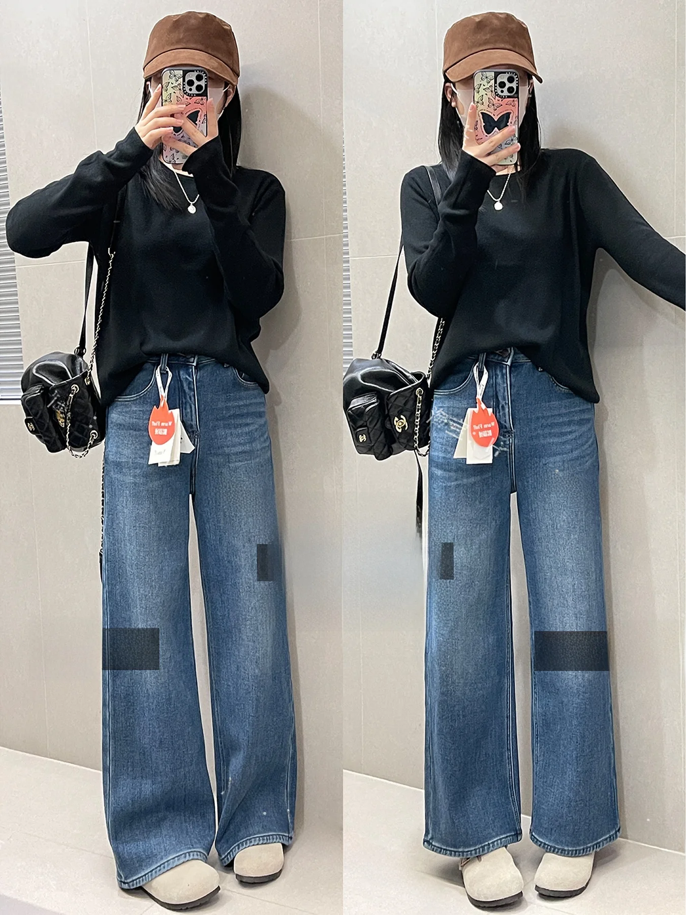 

Женские джинсовые брюки Slim Fit с широкими штанинами, утепленные флисом, с высокой талией, осенне-зимние, повседневные, эластичные в четырех направлениях