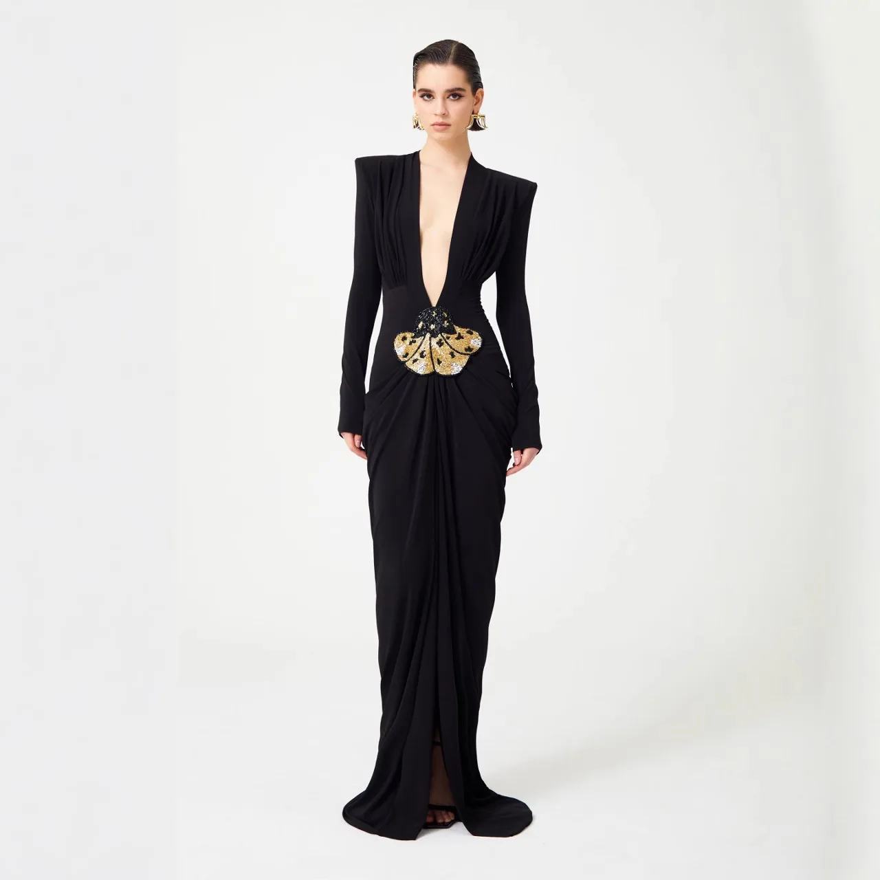 

Ele Metal Fi Tail Dr Crossed Long Sve Hollow out V Ne Bla Maxi Dr Women's Faion Autumn Season Basic Sle