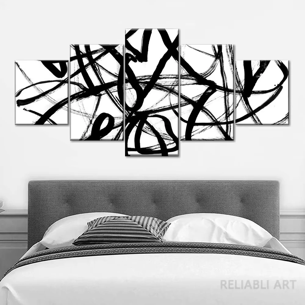 

Настенное искусство из 5 панелей: черно-белые абстрактные линии, простые декоративные линии, картина на холсте, настенный декор для гостиной, офиса, без рамы