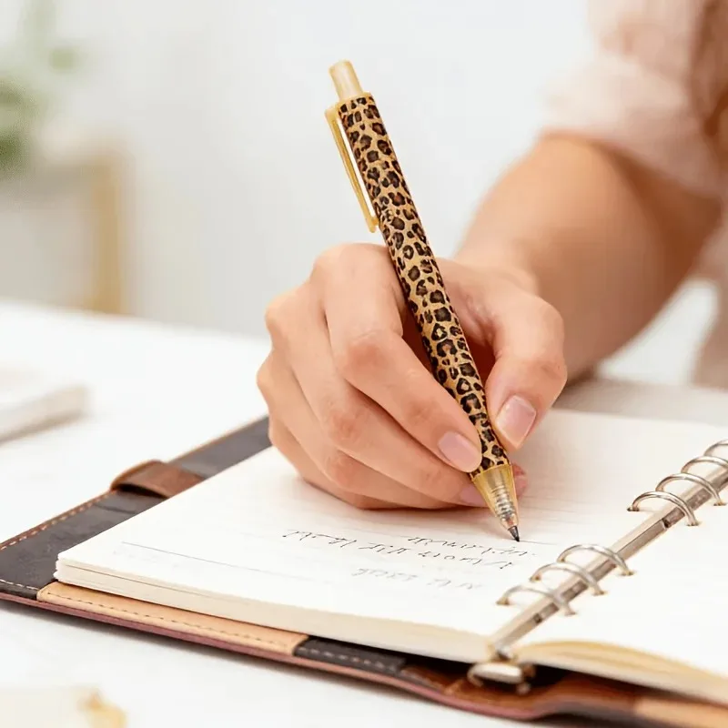 Leopard Print Retractable Ballpoint Pens, Stylish Smooth Writing Office Stationery Set, Black Ink, Leopard Print Pens Party Gift