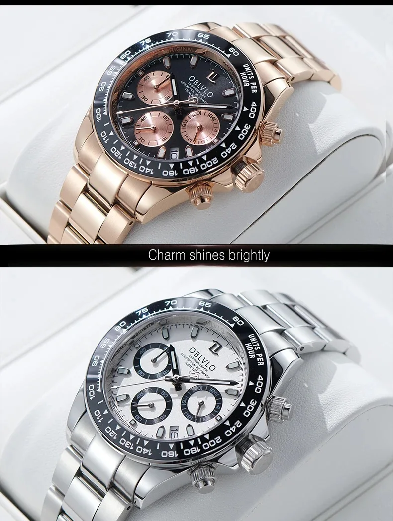 OBLVLO ساعة كرونوغراف للرجال 40 ملم ساعة يد كوارتز عتيقة 50 متر مقاومة للماء ياقوت مضيئة نوافذ ثلاثية #5