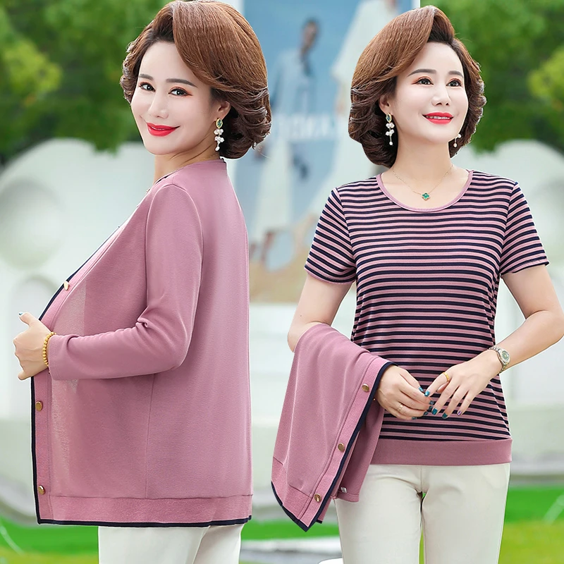 2pcs/set Middle Age Women Long Sleeve Knitted Cardigan Top striped T-shirt Spring Fall Mother Clothing Camisetas Mujer