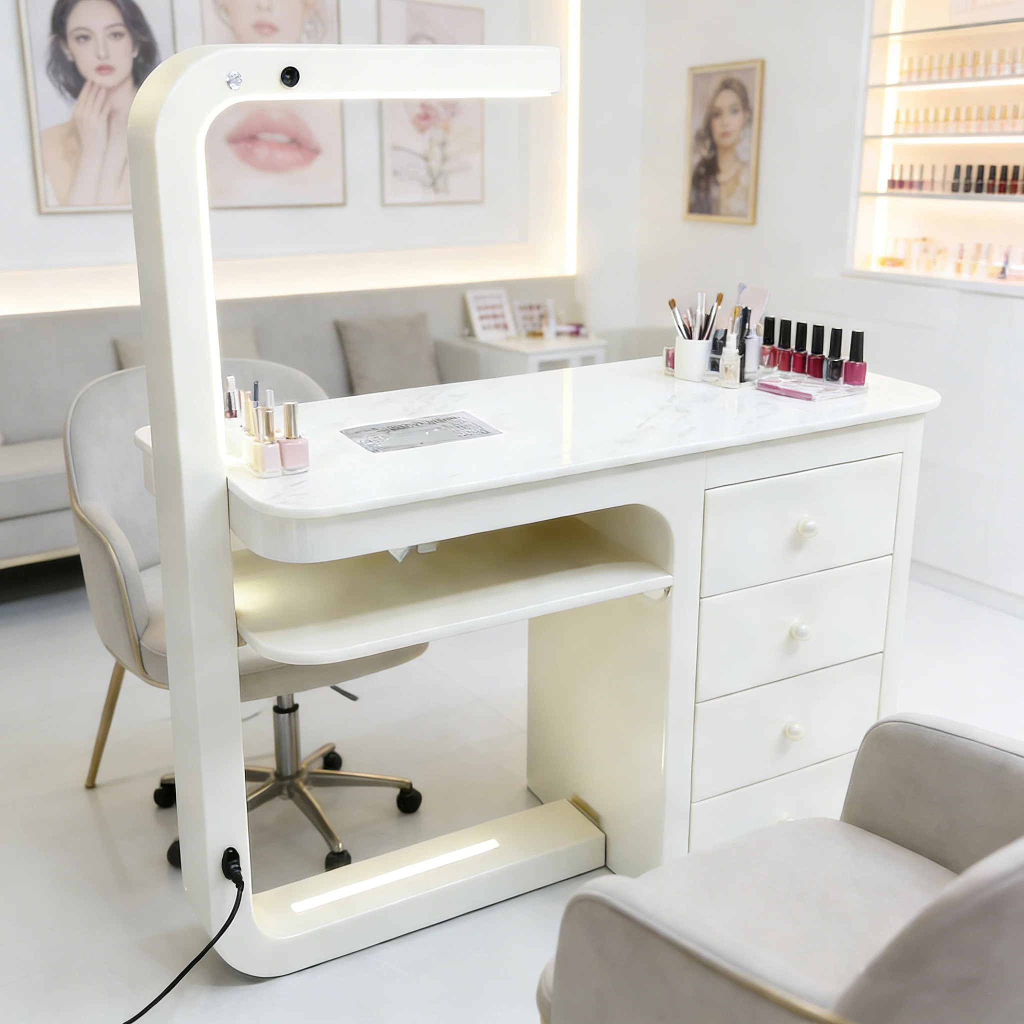 

Portable Modern Design Trolley Salon Furniture Manicure Nail Table with Art Mat Lamp Metal Desk Chair & Tech Trolley