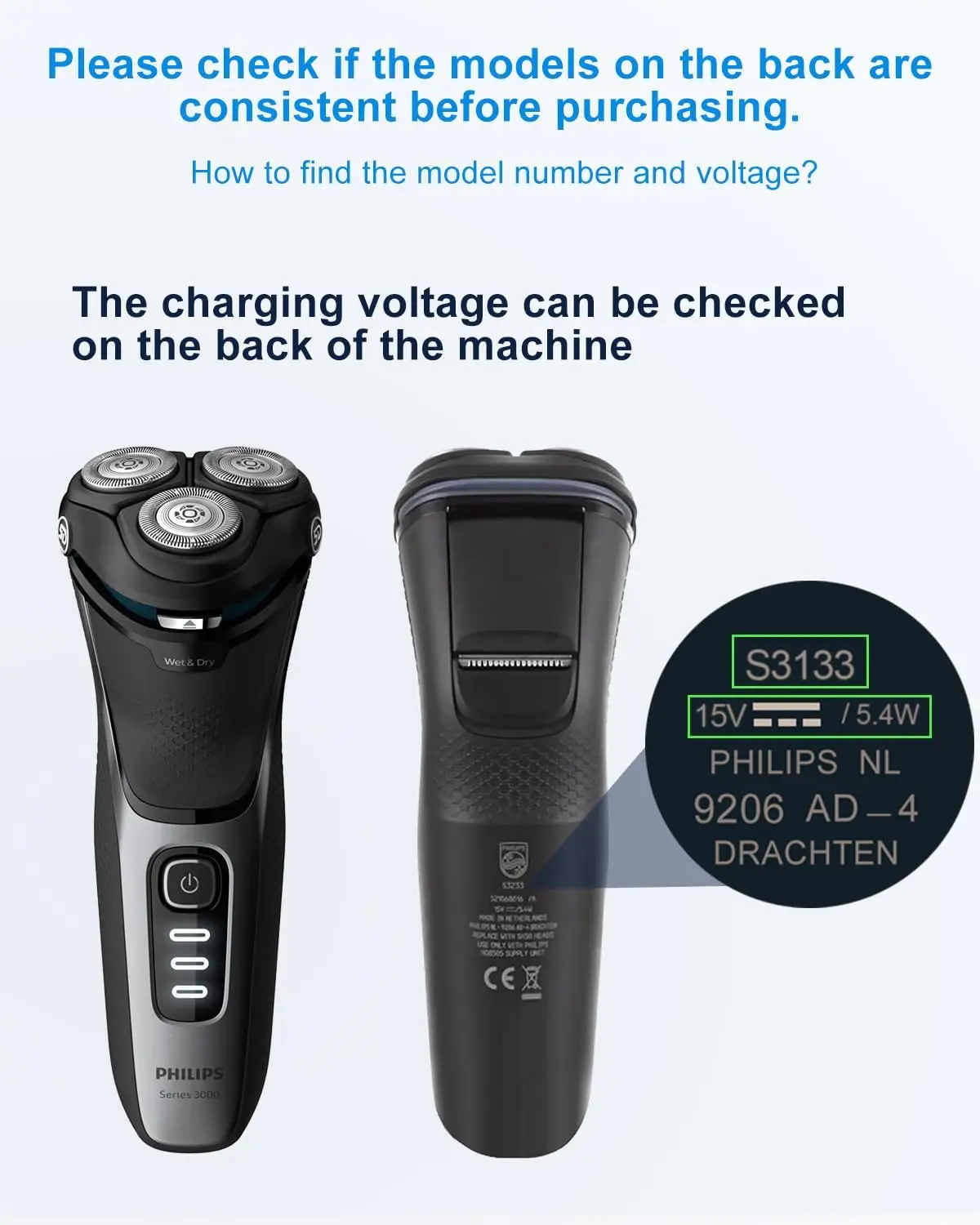 15V for Philips Shaver Charger HQ8505 Cable for Philips Norelco Series 3000, 5000, 7000, 9000, One Blade QP6651 BT5502 BT9810