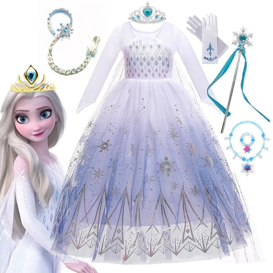

Disney Elsa Princess Dress For Girl White Printed Long-Sleeved Lace Dress Festive Party Birthday Gift Vestido Set Frozen Dress