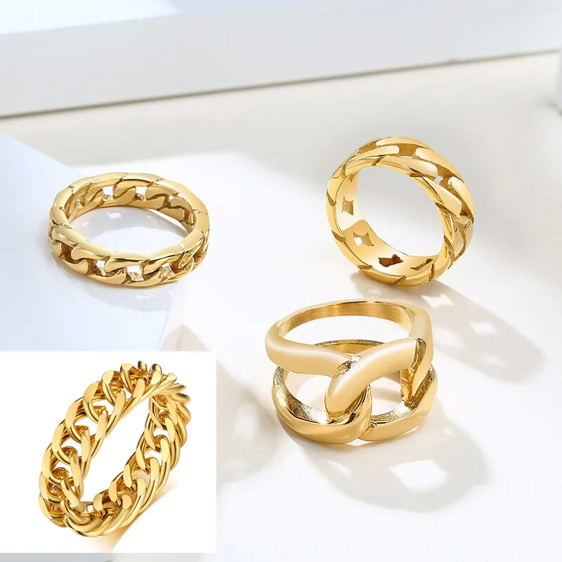 Stainless Steel Gold Color Chunky Chain Ring for Women Girls Curb Link Ring Fashion Bohe Jewelry