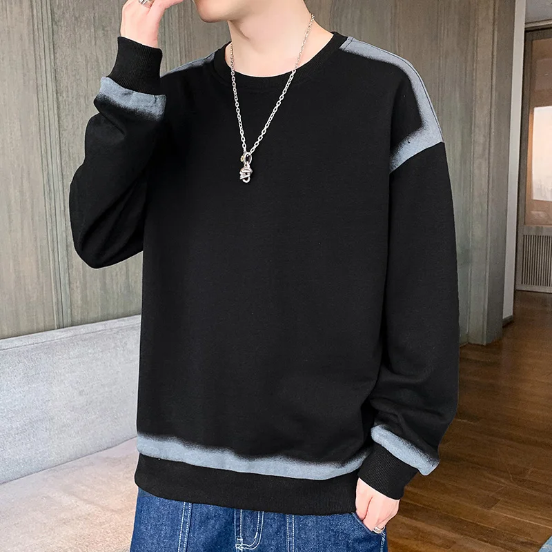Men Irregular Spray Paint Gradient Crew Neck Sweatshirt Black Grey Color Block Loose Streetwear Long Sleeve Top