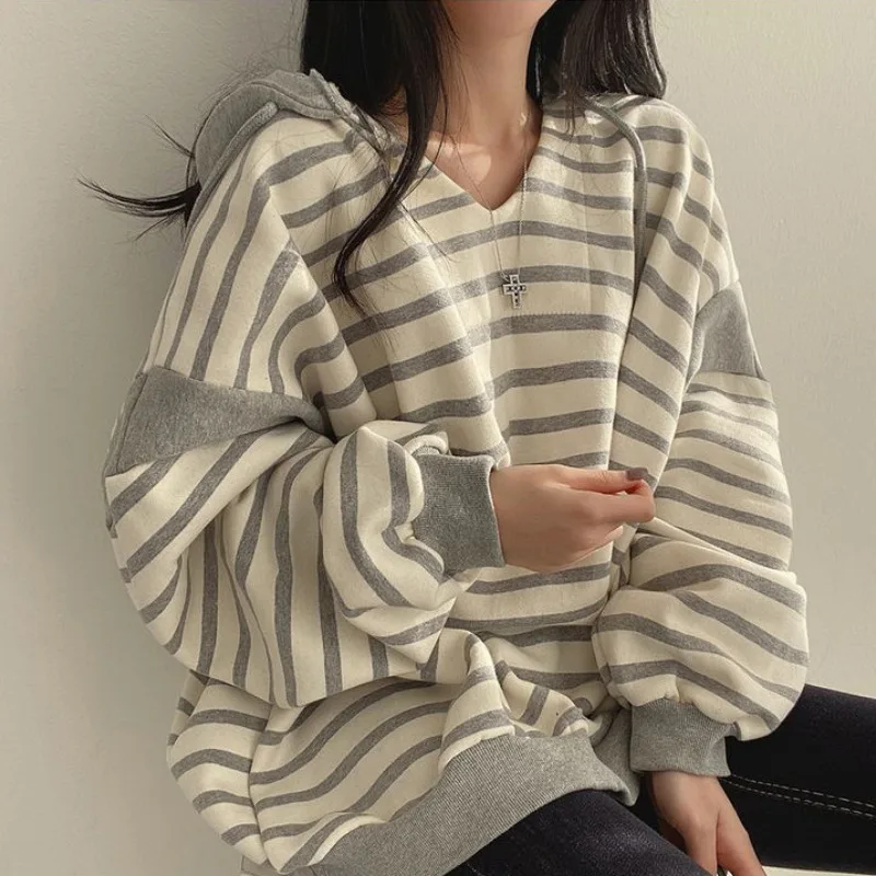 

2025 Autumn Hoodies Women's Korean Style Cotton Sweatshirt V Neck & Crew Neck Stripe Design Hooded Loose Lightweight Fleece