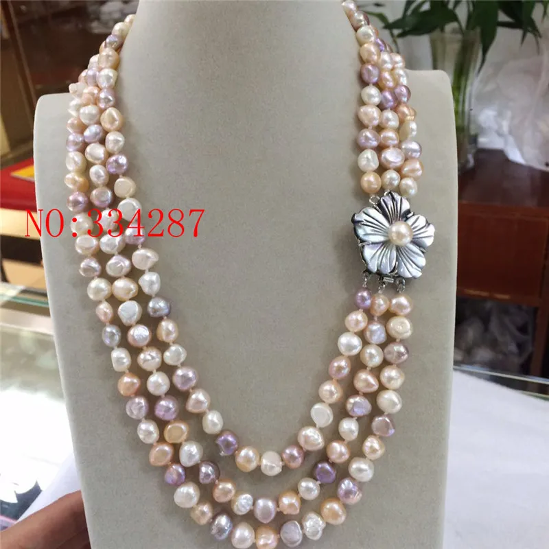 

beautiful Natural freshwater pearl necklace 3Strds Multi WhiteColor Baroque Pearl Necklace-Cameo Clasp