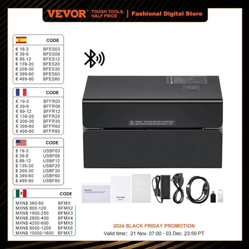 VEVOR 300DPI Thermal Label Printer Bluetooth & Auto Label Recognition Support Windows/ Linux/ Android for 4x6 Mailing Packages