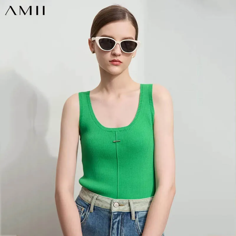 

AMII Минималистичный женский топ-камизоль 2025 года, новинка весенней коллекции, с U-образным вырезом, металлическим декором, вязаный, облегающий, внутренний топ 12511028
